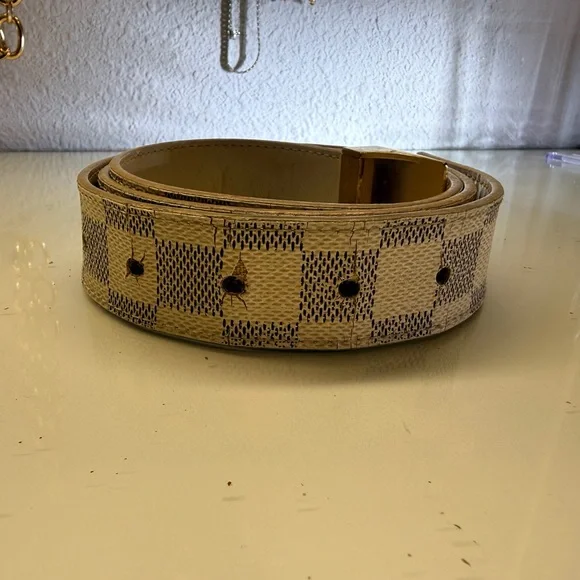 Louis Vuitton Beige Checkered Belt with Gold Buckle - Picture 7 of 8